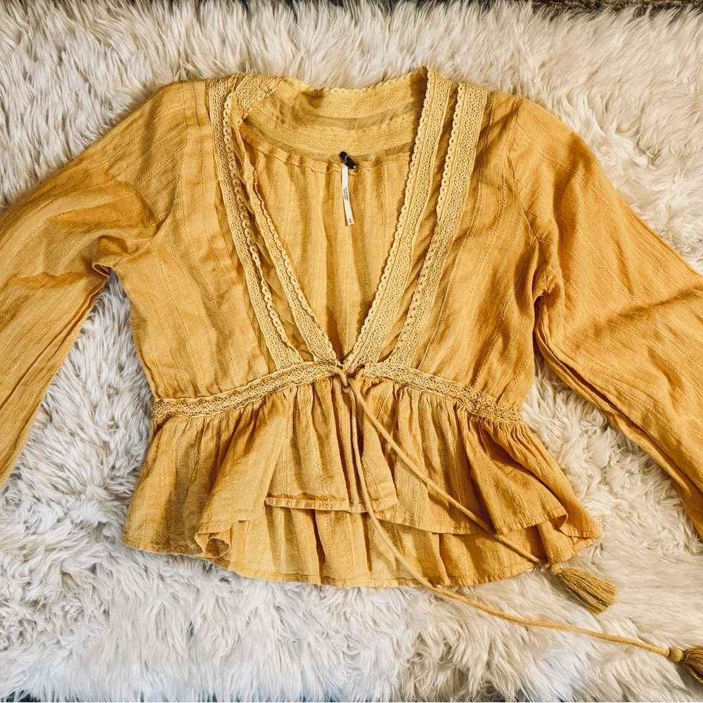 Free People Boho Peplum V-Neck Blouse in Bright Butter Yellow